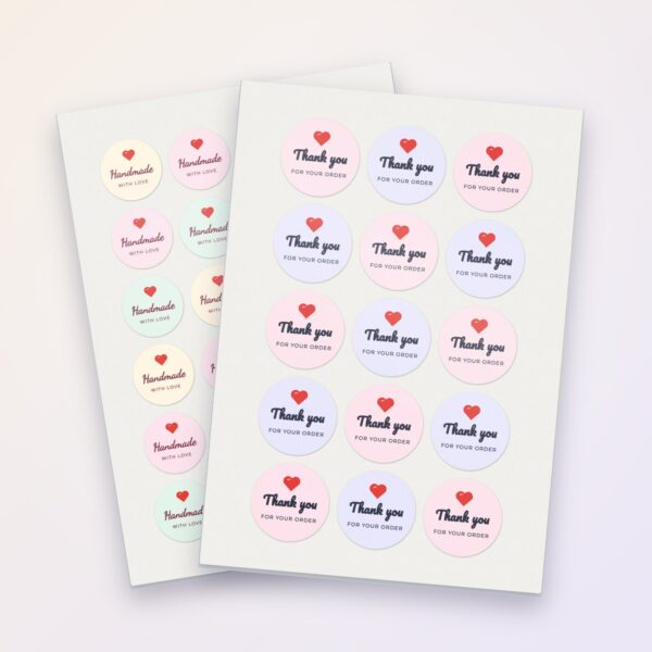 Custom A4 sticker sheets with round thank-you and handmade stickers