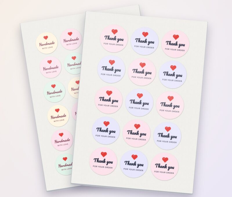 Custom A4 sticker sheets with round thank-you and handmade stickers
