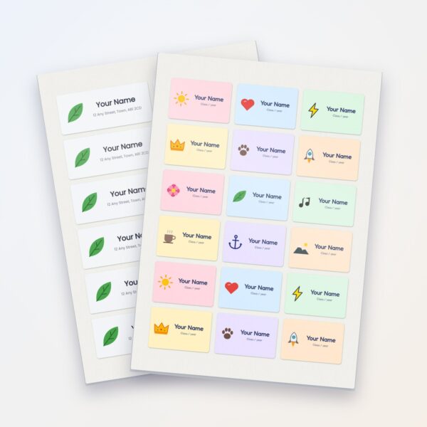 Personalised name label sheets with icons and return address labels